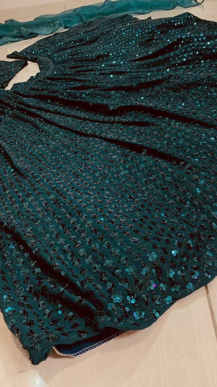 Georgette Lehenga With Heavy Sequence Work - Floor-length, Green Color, A-line Style | Attractive Style, Elegant Design, Gorgeous Look, Perfect Fit, Party Wear