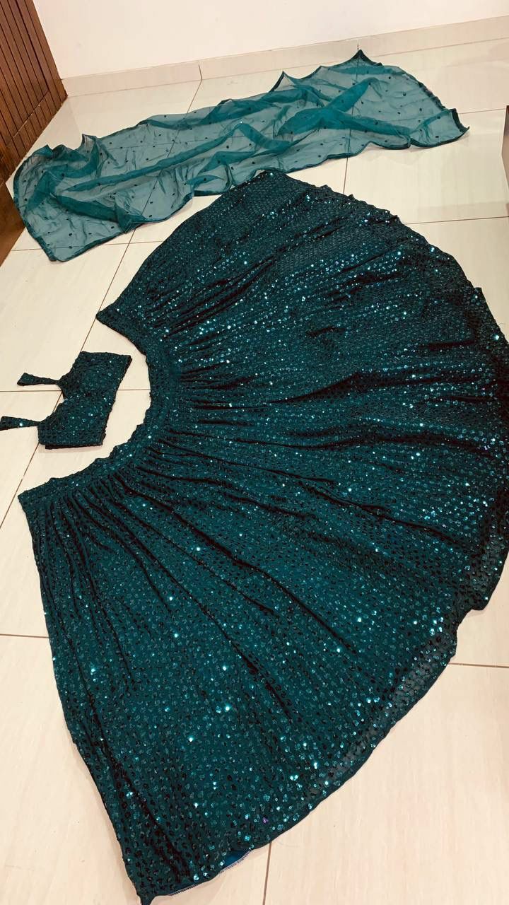 Georgette Lehenga With Heavy Sequence Work - Floor-length, Green Color, A-line Style | Attractive Style, Elegant Design, Gorgeous Look, Perfect Fit, Party Wear