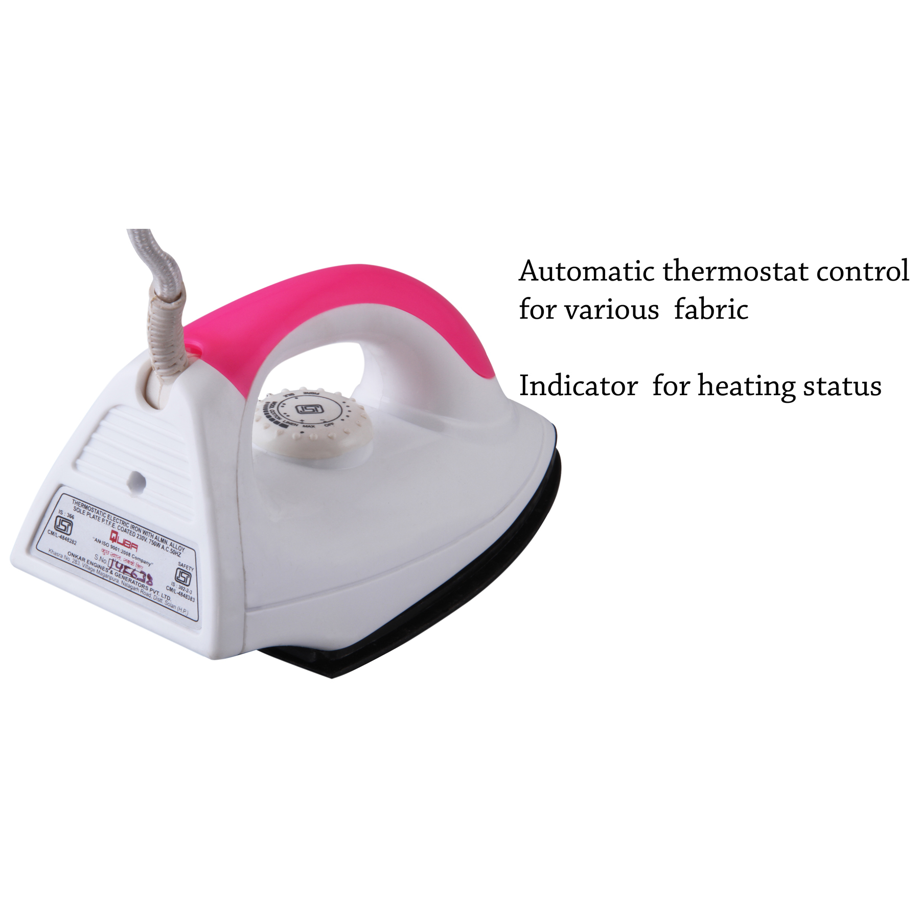 Quba 1000 Watt Dry Iron - Color: Pink