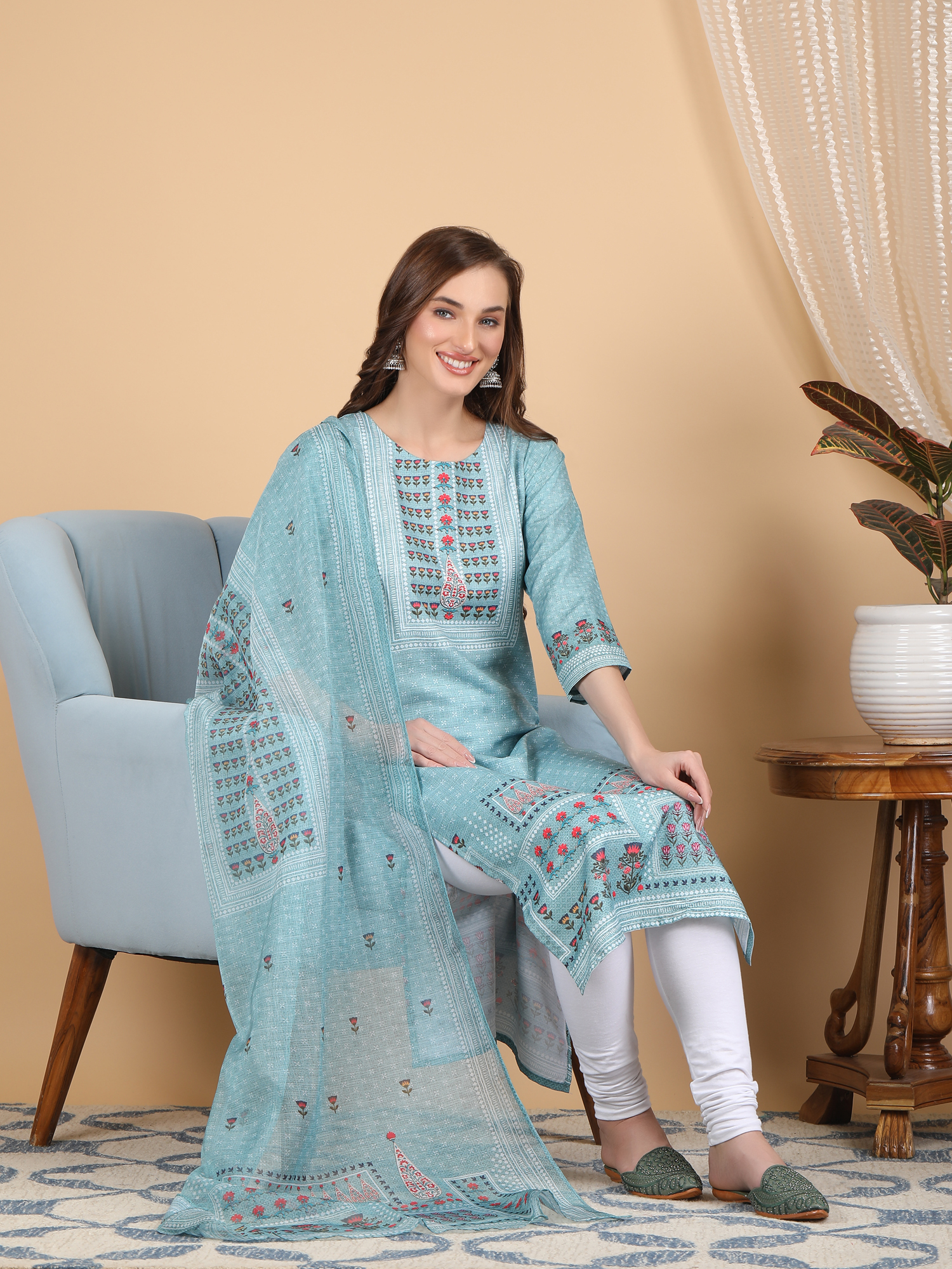 Summer Sky Digital Print Straight Kurti With Dupatta S6