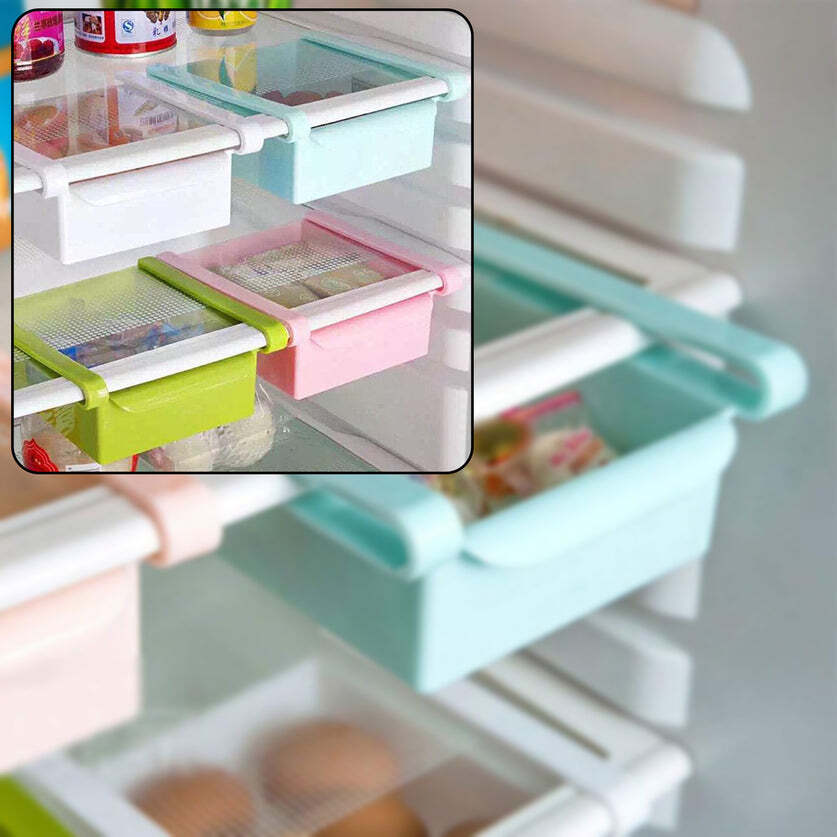 Refrigerator Space Saver Organizer Storage Rack Set - Plastic Material, 18x14x21 Cm Size, Multi-color Assorted | Set Of 4 With Brown Box