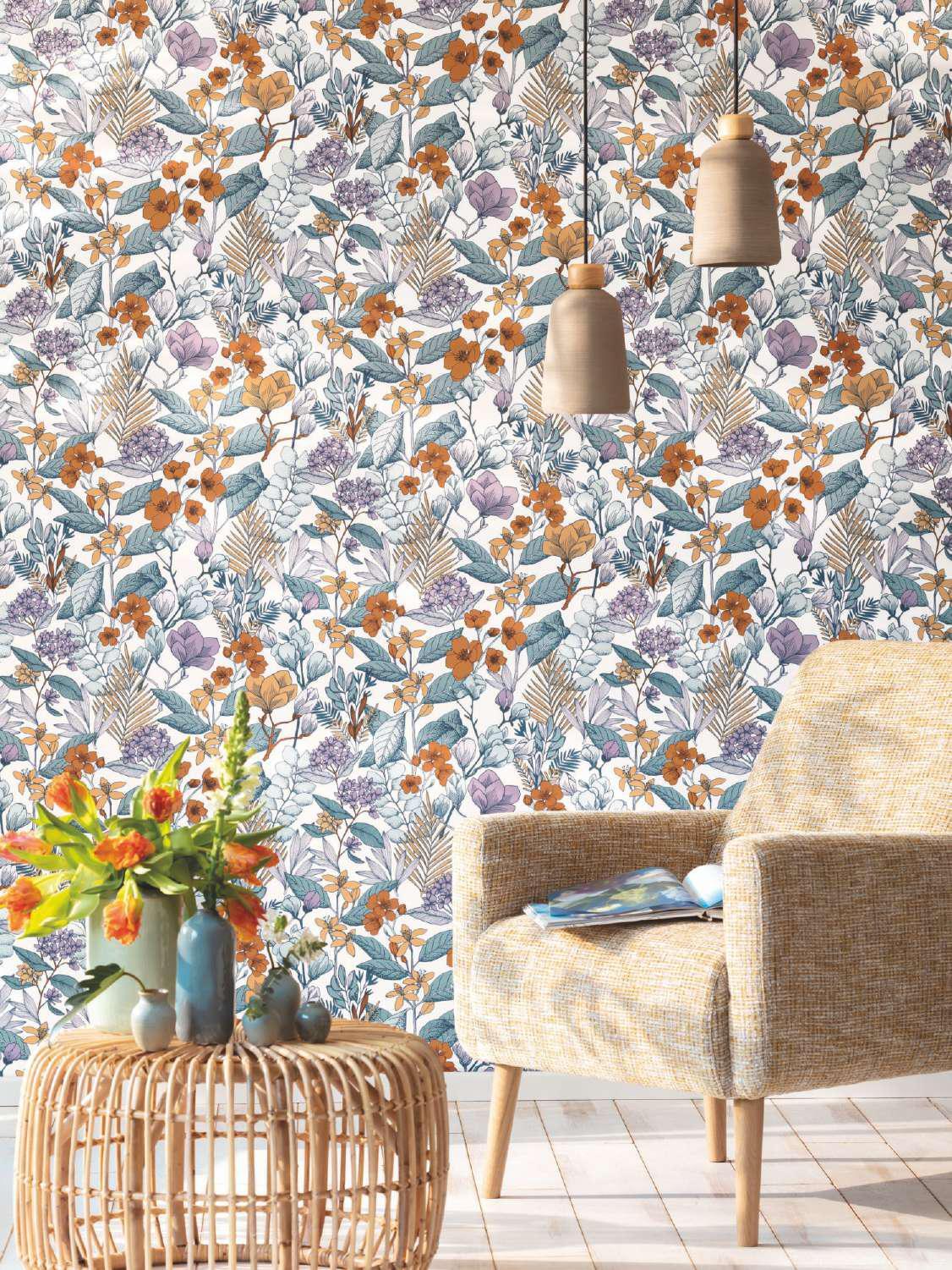 Natural Wallpaper - Non Woven Vinyl, 57 Sq Ft | Elegant Floral Theme, Fireproof, Moisture-proof, Scrubbable, Peelable, Half Drop Match