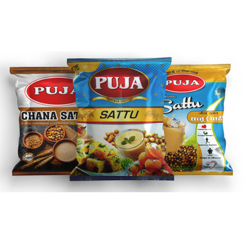 Sattu Packaging Pouches - Polystyrene Material, 3 Side Sealed Design | Multi-Size, Glossy Finish, Customizable with Rotogravure Printing