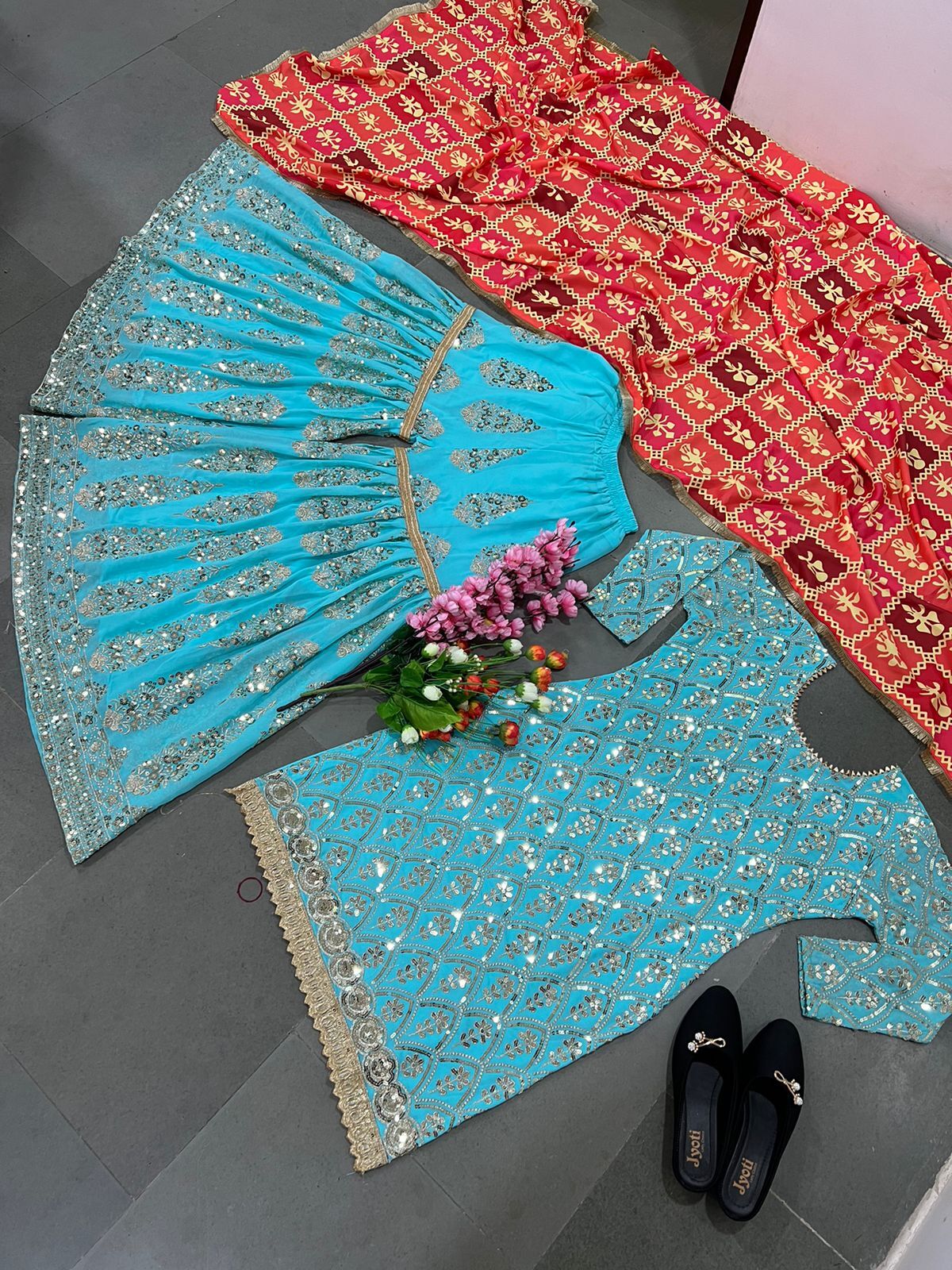 Faux Georgette Full Sleeve With Rivet Moti Work Salwar Suit - Teal, Multiple Sizes & Lengths | Comfortable Fabric, Elegant Design, Stylish Look, Party Wear