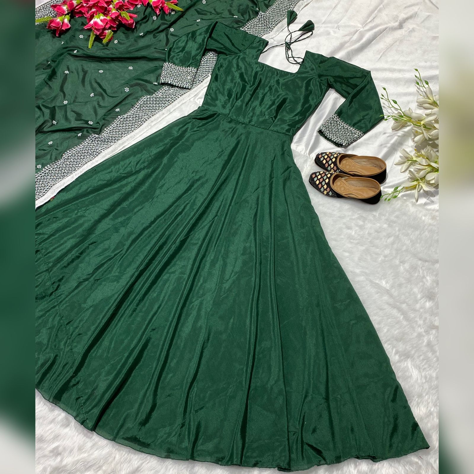 Chinon Silk Designer Party Wear Gown And Dupatta - Floor Length, Green Color, Square Neck, Long Sleeves, Embroidery Embellishments, Comfortable Fit, Elegant Design, Perfect Drape