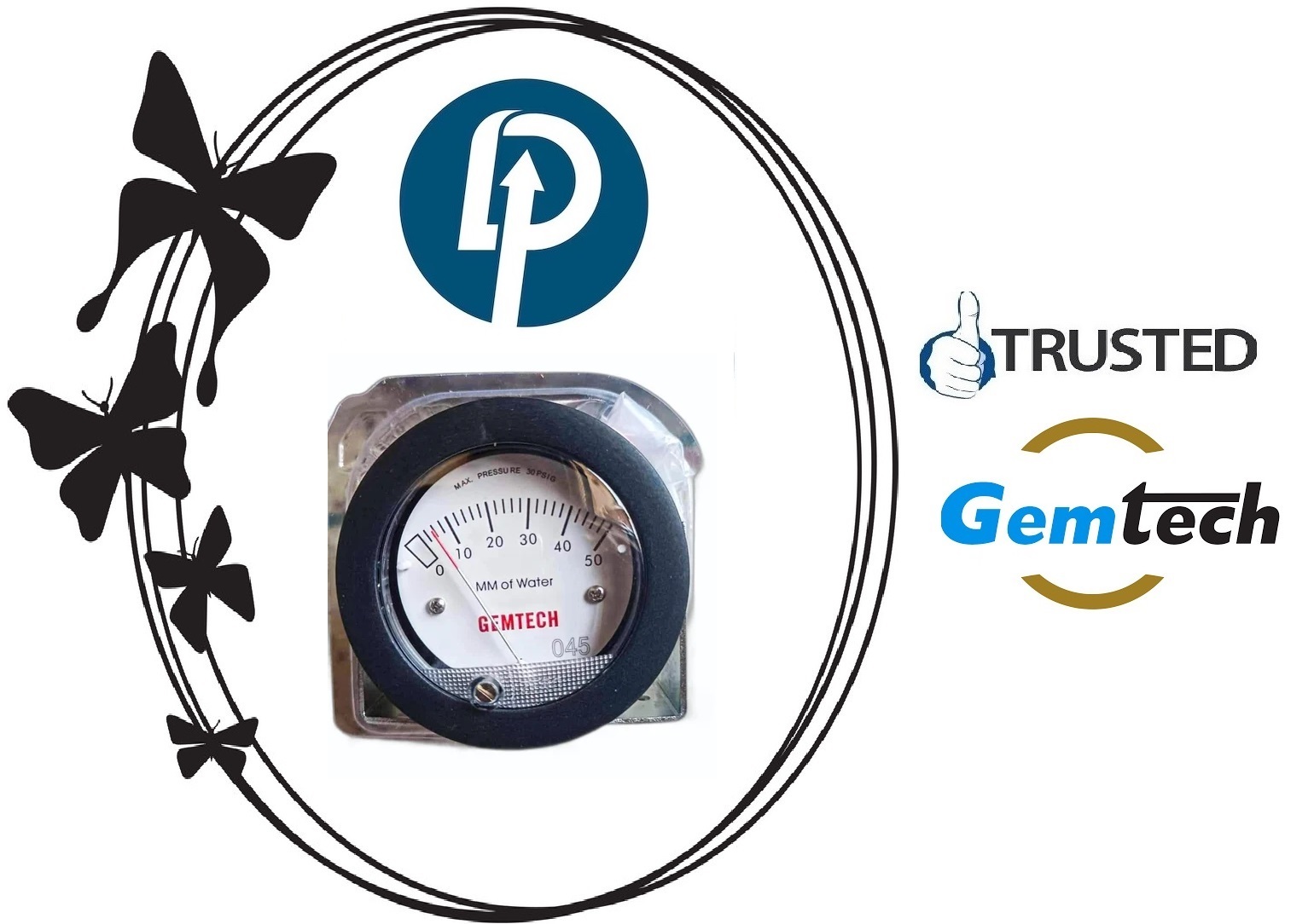 Gemtech Mini Differential Pressure Gauge Range 0-100 Mm - Glass Filled Nylon Housing, 2.5 Inch Dial, ±2% Accuracy | For Gas, Oil, Steam, Weight 6 Oz