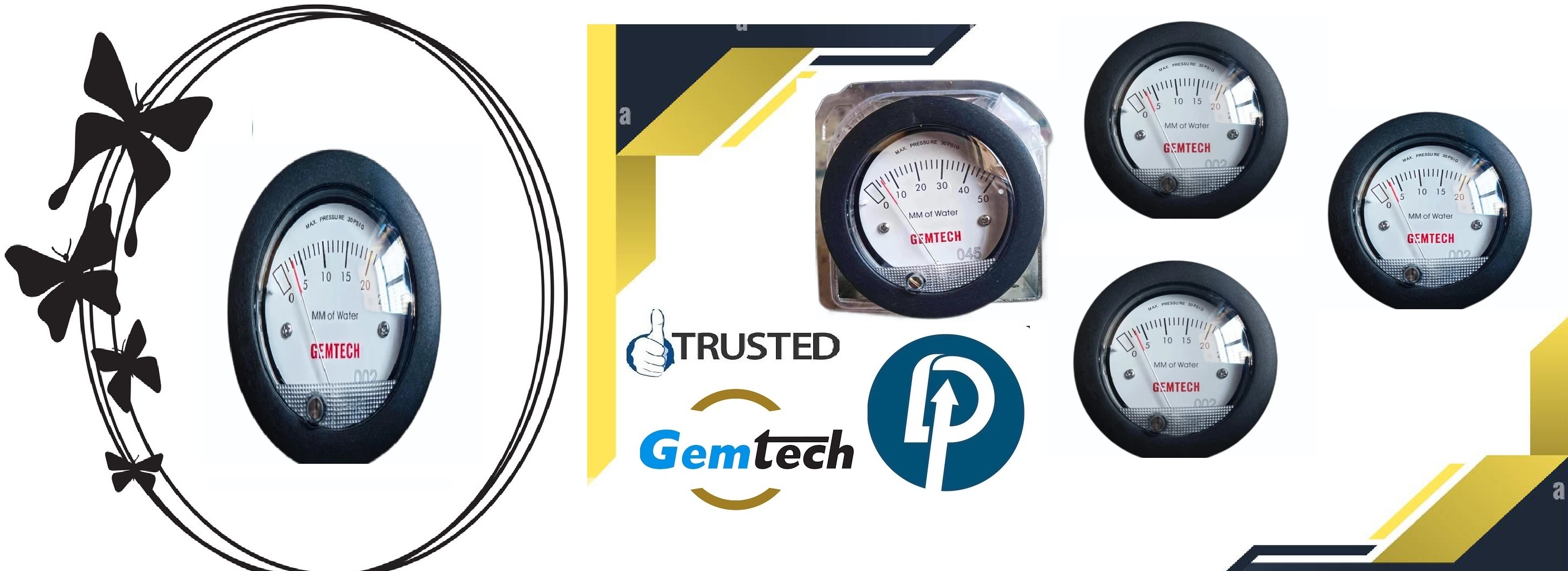 Gemtech Mini Differential Pressure Gauge Range 0-100 Mm - Glass Filled Nylon Housing, 2.5 Inch Dial, ±2% Accuracy | For Gas, Oil, Steam, Weight 6 Oz