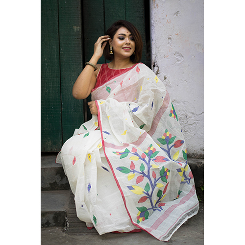 मल्टीकलर व्हाइट जामदानी साड़ी