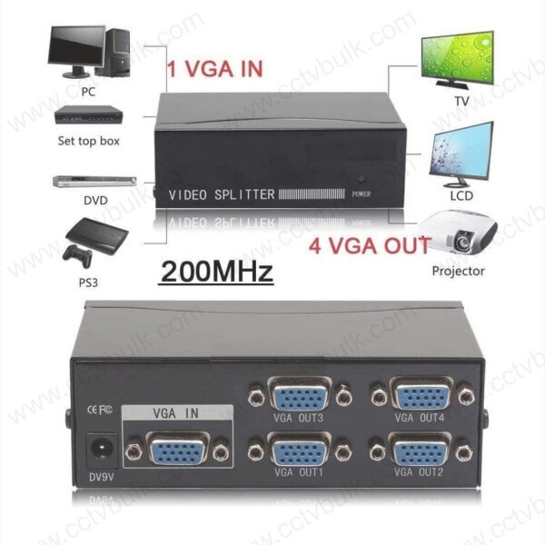 Vga Splitter 4 Port - 1 Vga In, 4 Vga Out, 1920 X 1440 Resolution | Ideal For Public Broadcasting, Classroom & Remote Monitoring