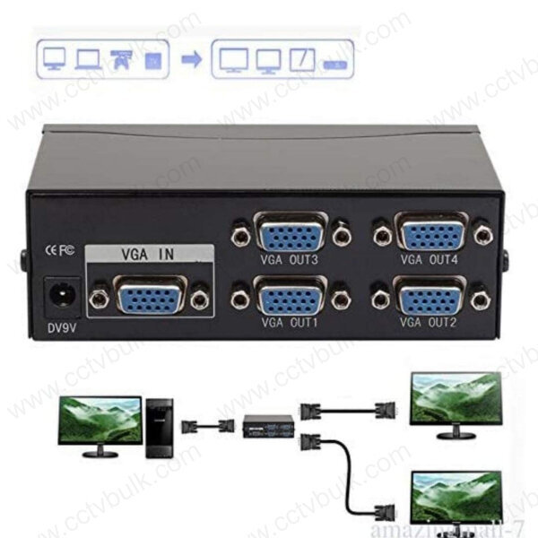 Vga Splitter 4 Port - 1 Vga In, 4 Vga Out, 1920 X 1440 Resolution | Ideal For Public Broadcasting, Classroom & Remote Monitoring