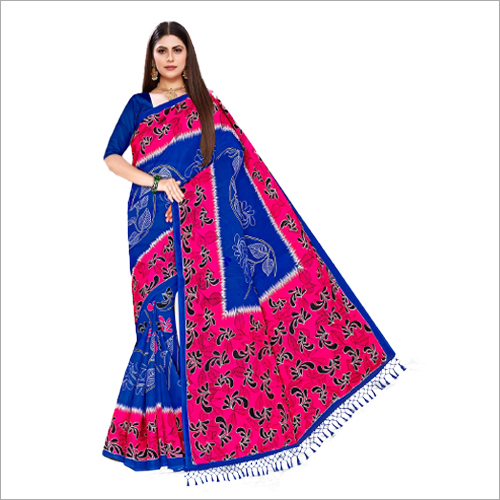 Manisha Rockstar Designer Sarees - Printed Cotton Blend, Blue & Pink Colors | Metallic Accents for Casual Wear, Suitable for All Seasons