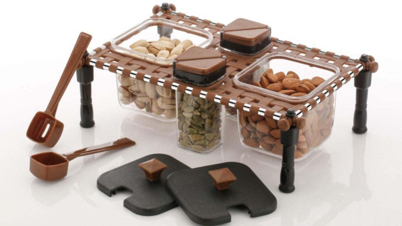 Rajwadi Style Spice & Pickle Jar Set - 30x11x19 Cm, Transparent Plastic With 4 Containers And 2 Spoons