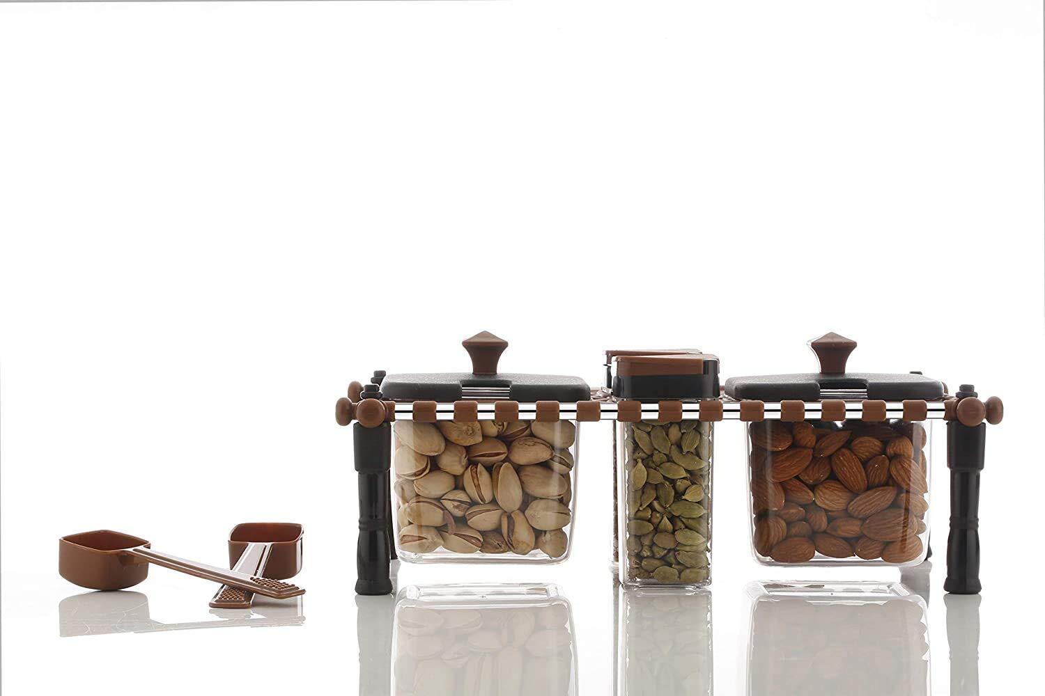 Rajwadi Style Spice & Pickle Jar Set - 30x11x19 Cm, Transparent Plastic With 4 Containers And 2 Spoons