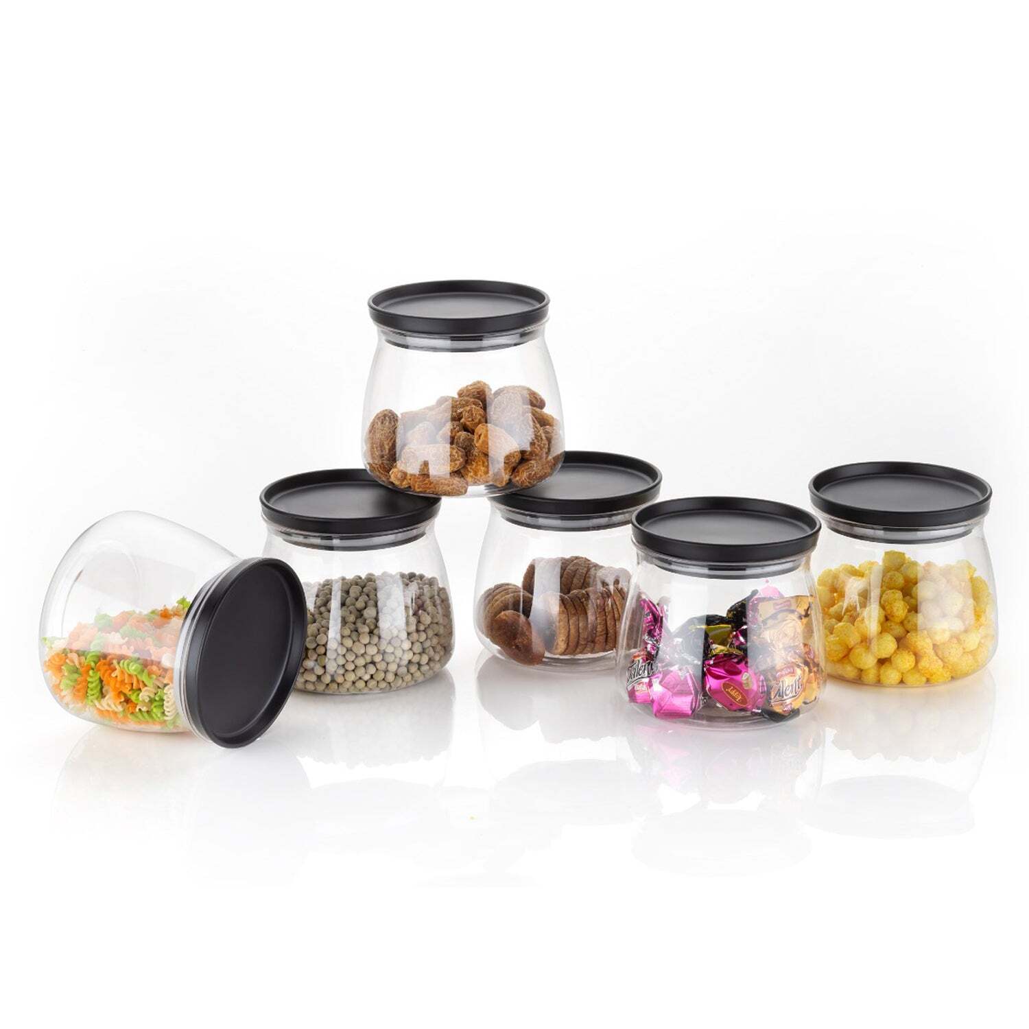 Transparent / Clear Matka Shaped Jar With Air Tight And Leak Proof Lid (Multicolour) (Set Of 6) (900ml) (2286)