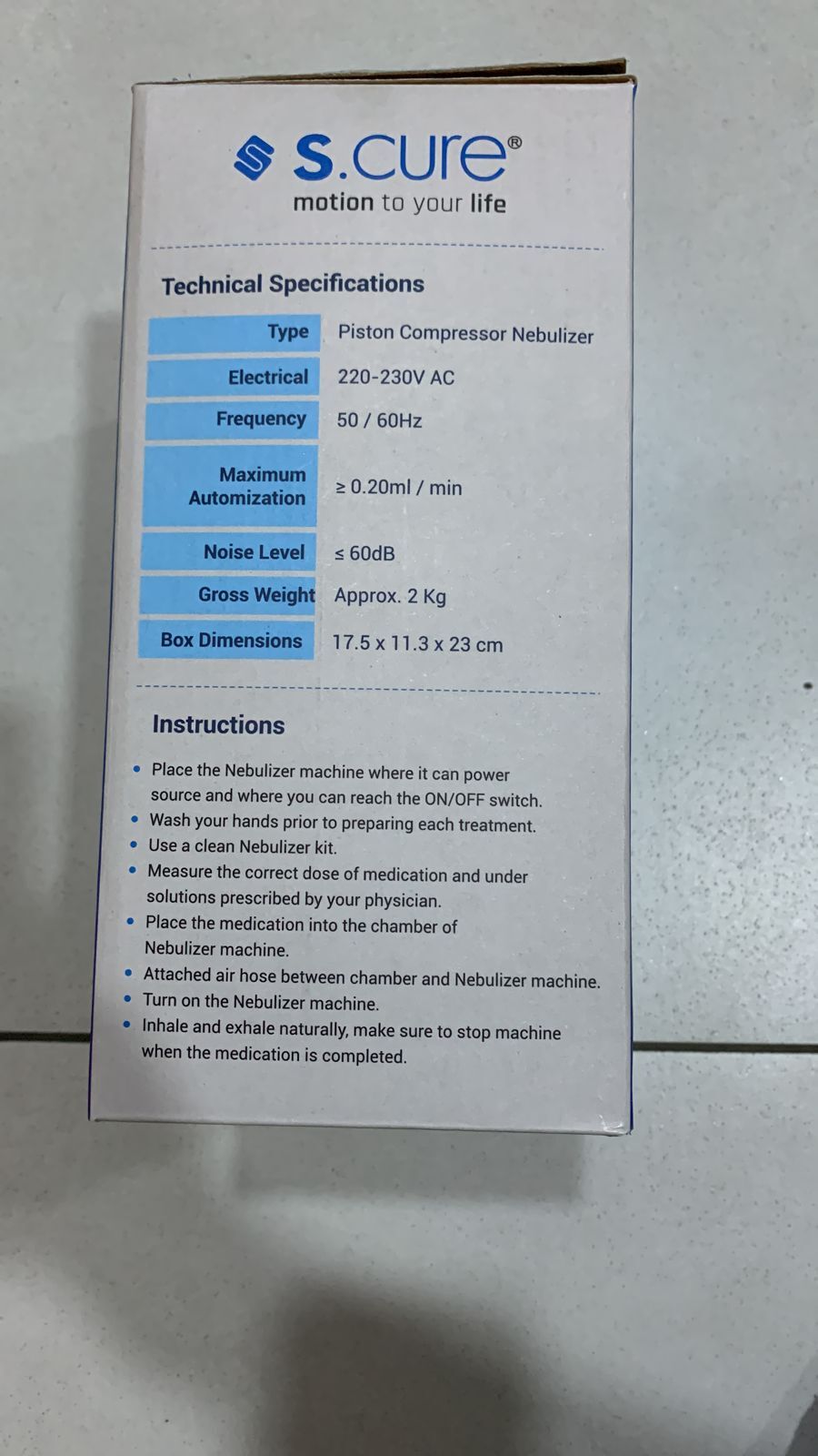 Piston Compressor Nebulizer - 17.5 X 11.3 X 23 Cm , White Color, 0.20 Ml/min Automation, 60 Db Noise Level