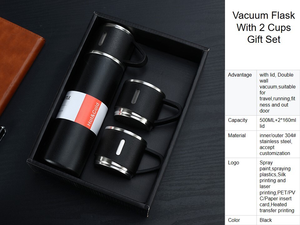 Flask Set - Stainless Steel 500ml , Mix Colour Hot & Cold Bottle With 2 Cups, Round Shape, Laser Logo, Ideal For Beverage Use