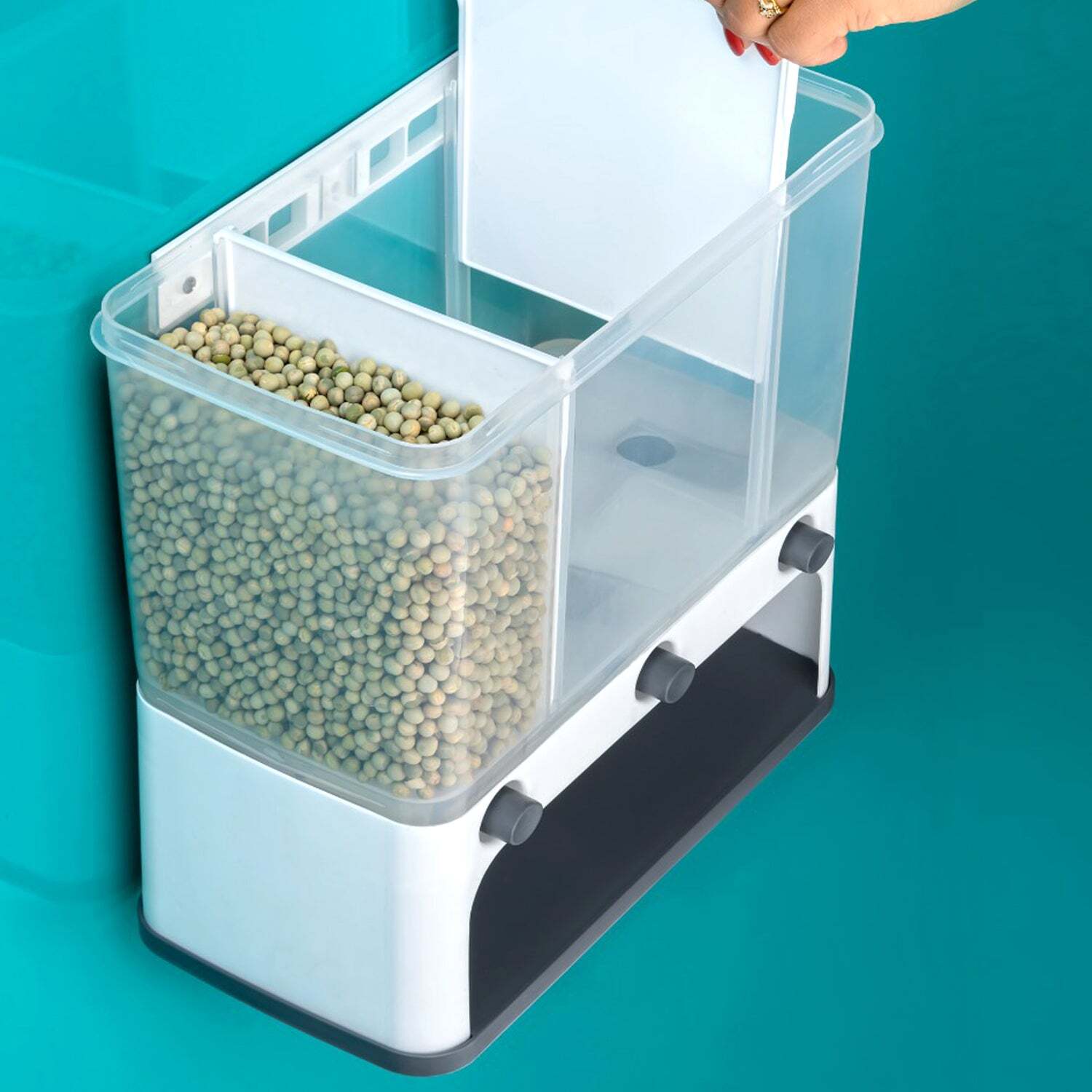 Easy Flow Cereal Dispenser - Plastic, 13x10x13 Cm , Multi-color Design, 3-in-1 Push Button Wall Mount Container