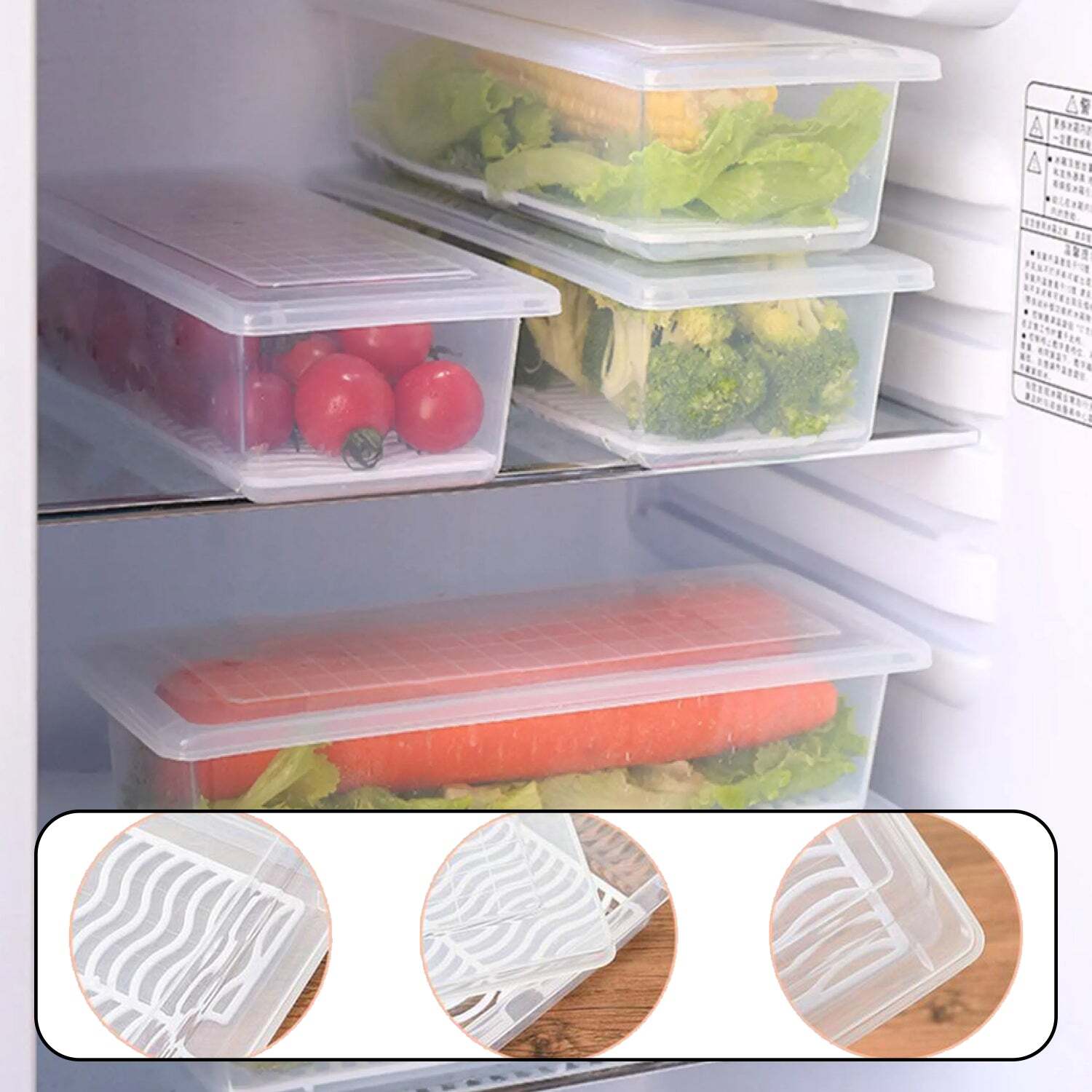 Food Storage Container - 1500 Ml, 32x14x10 Cm, Transparent Plastic, Pack Of 2 With Removable Drain Plate And Lid