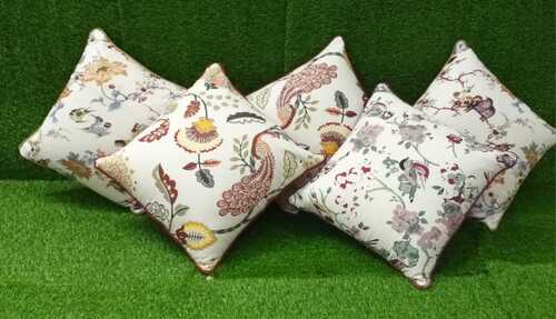 Cushion Cover - 5 Pc Set, 100% Cotton 18x18 Inches, White Color, Square Shape, Printed Pattern, Zipper Closure for Home & Chair Use