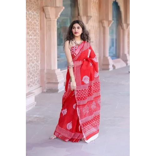 Different Available Ladies Red Cotton Linen Sarees