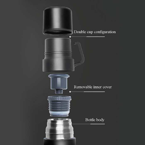 Double Cup Flask - Stainless Steel 304, 600 Ml, Black | Dual Cup Integrated Cap, Bpa Free, Leak Proof, Adventure Inspired Handle, Double Walled Copper Insulated
