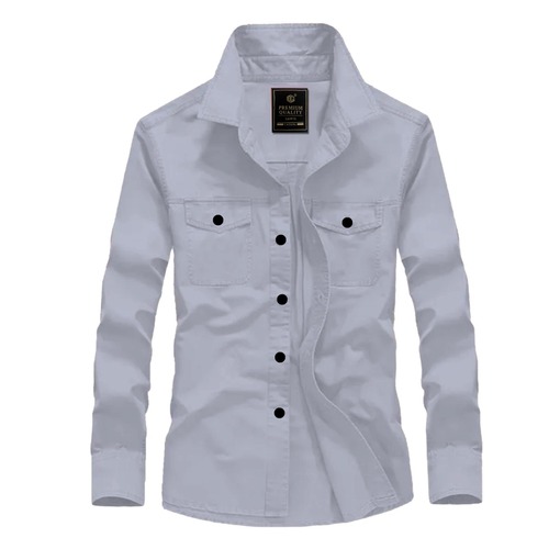 D Pocket Shirt - Cotton Blend, Size L/M/XL, Grey with Stripes, Full Sleeves, Button Down Collar, Plain Dyed Technics - Casual Men's Look Shirt