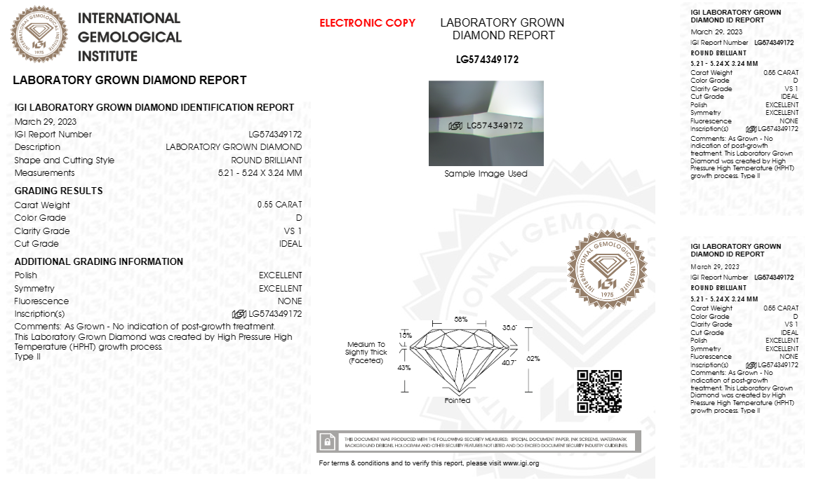 Round Brilliant Cut 0.55ct Lab Grown Diamond Cvd D Vs1 Igi Crtified Stone Ideal