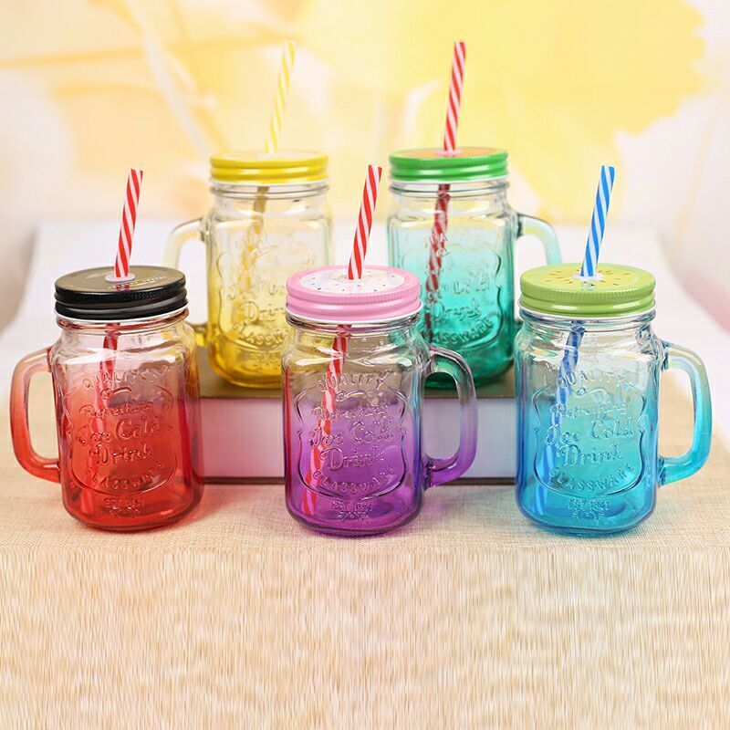 Drinking Cup/glass/mug Mason Jar With Handle & Straw (0760) - Other Material , Transparent Clear Color | Ideal For Refreshing Beverages