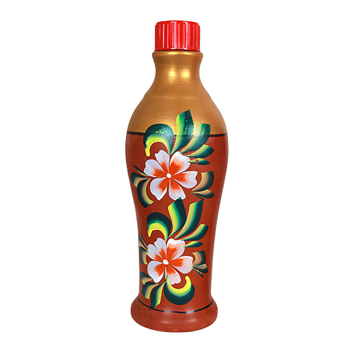 Clay Water Bottle - 12.5 Inch Height, 1 L Capacity , Multicolor Handmade Design With Warranty