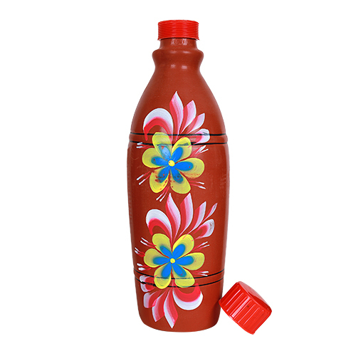 Clay Printed Terracotta Water Bottle - 1l Size, 12.5 Inch Height | Multicolor Design, Eco-friendly Material, Long-lasting Chill Retention