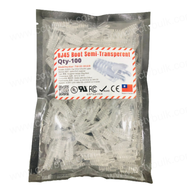 Rj45 Boot Semi Transparent Taiwan 100set - 100% Pvc Material, Compatible With Od 6.5/6.0/5.2/4.5mm Cables, Locking System With Anti-snag Design
