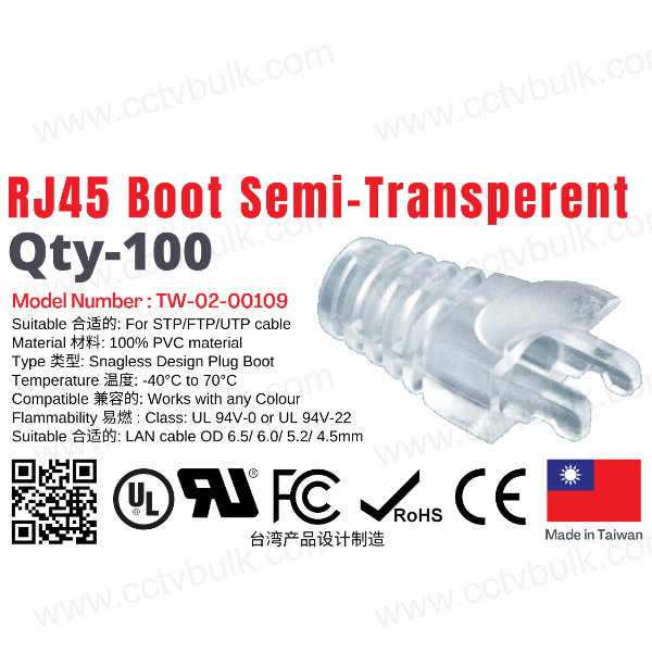 Rj45 Boot Semi Transparent Taiwan 100set - 100% Pvc Material, Compatible With Od 6.5/6.0/5.2/4.5mm Cables, Locking System With Anti-snag Design