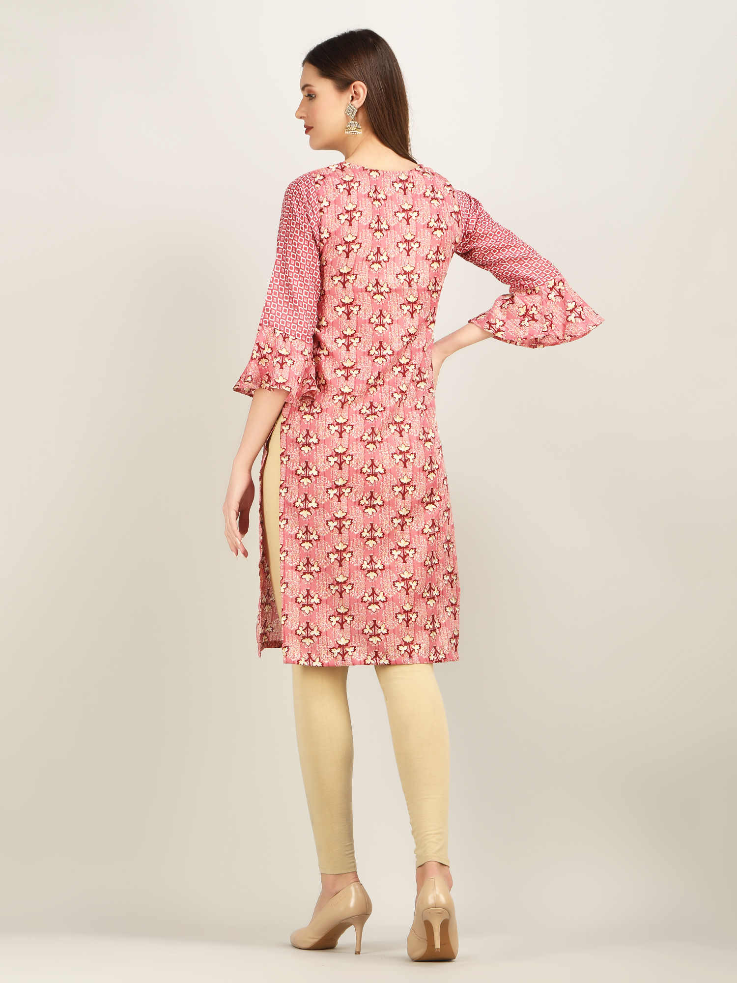 Pink Magic Print Round Gala Straight Kurti With Dupatta - Cotton, Customized/regular Sizes (L, M, Xl, Xxl, Xxxl), Color Options: Pink, Yellow, Grey, Green, 3/4 Sleeve Style, Suitable For All Seasons
