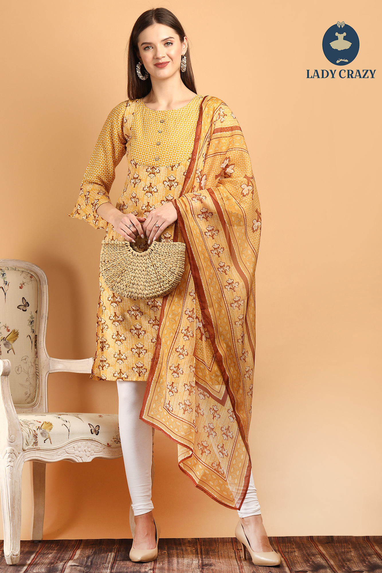Pink Magic Print Round Gala Straight Kurti With Dupatta - Cotton, Customized/regular Sizes (L, M, Xl, Xxl, Xxxl), Color Options: Pink, Yellow, Grey, Green, 3/4 Sleeve Style, Suitable For All Seasons