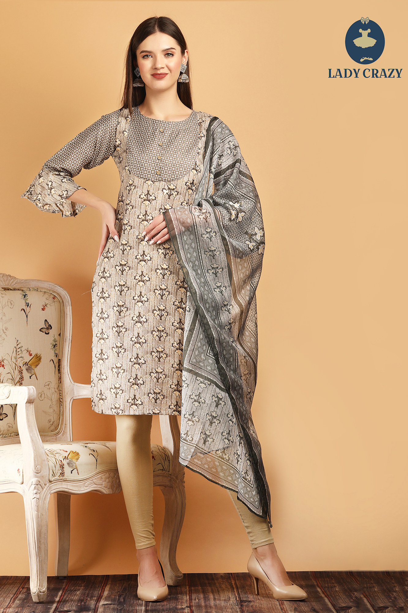 Pink Magic Print Round Gala Straight Kurti With Dupatta - Cotton, Customized/regular Sizes (L, M, Xl, Xxl, Xxxl), Color Options: Pink, Yellow, Grey, Green, 3/4 Sleeve Style, Suitable For All Seasons