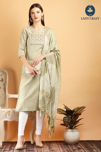 दुपट्टे U7 के साथ ड्राई क्लीनिंग लाइट पिस्ता हेवी वर्क स्ट्रेट कुर्ती