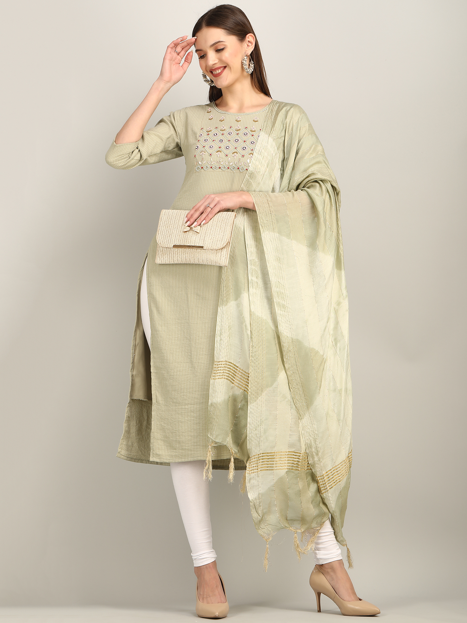 Dry Cleaning Light Pista Hevy Work Straight Kurti With Dupatta U7
