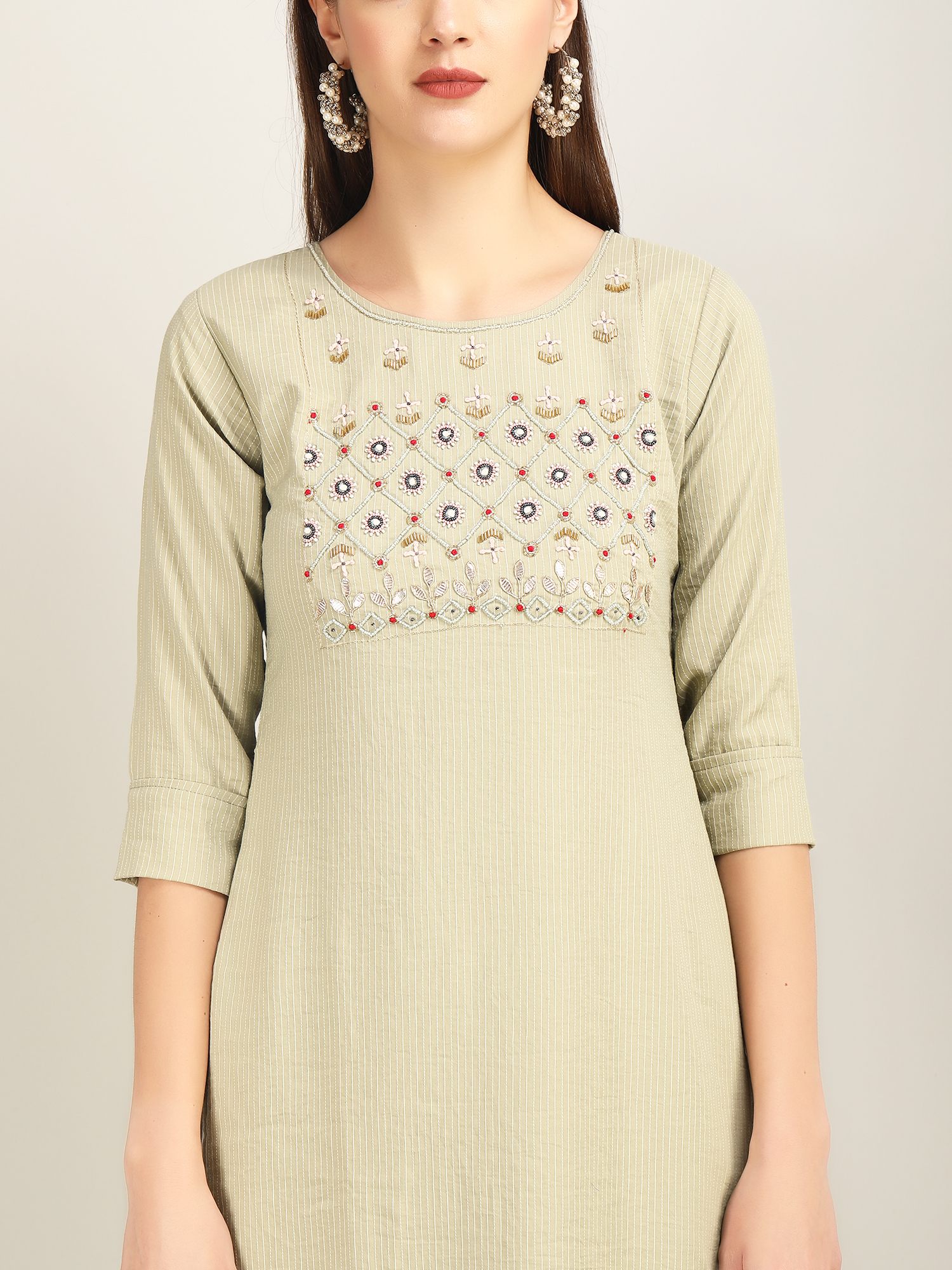 Dry Cleaning Light Pista Hevy Work Straight Kurti With Dupatta U7