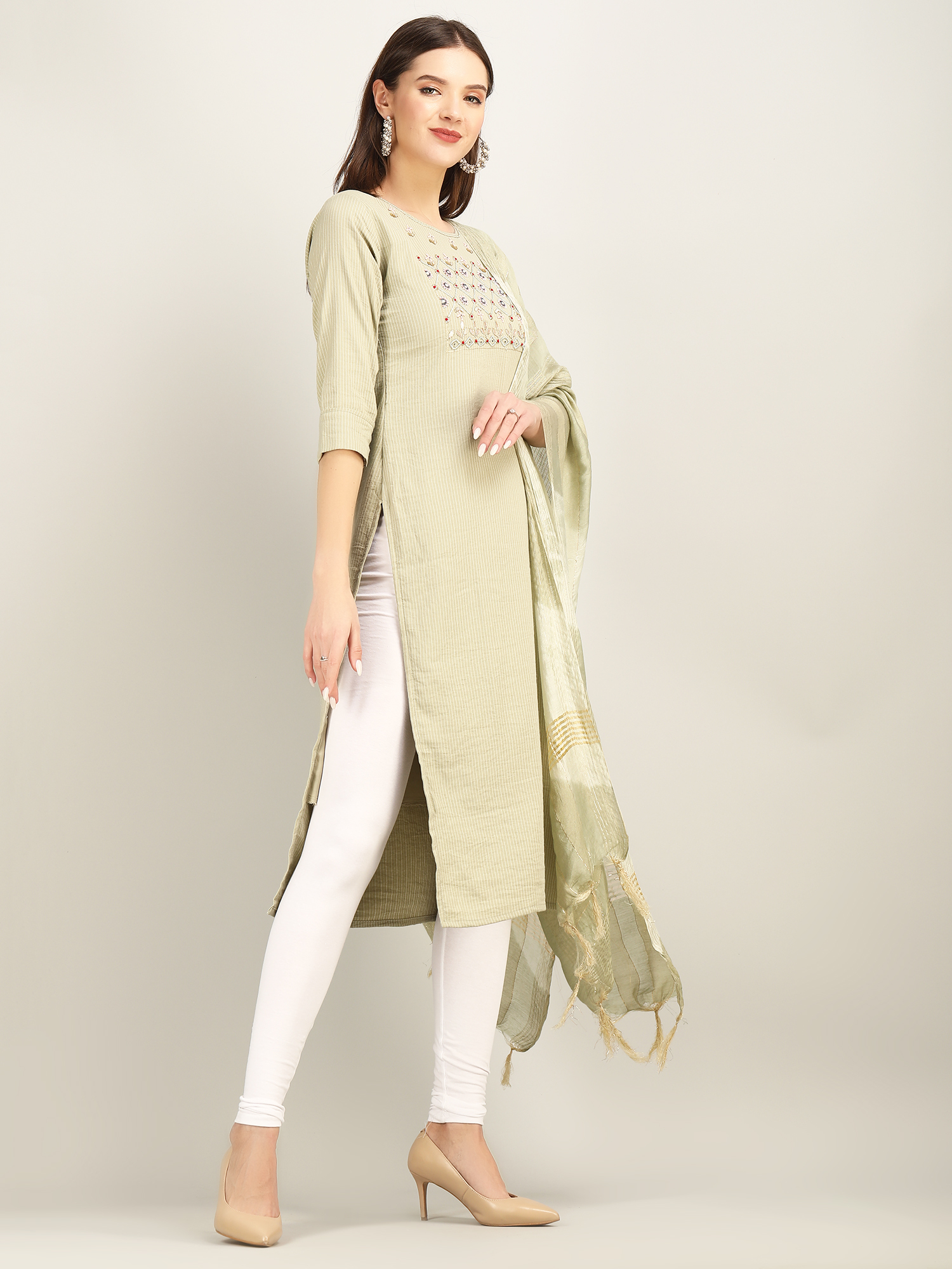 Dry Cleaning Light Pista Hevy Work Straight Kurti With Dupatta U7