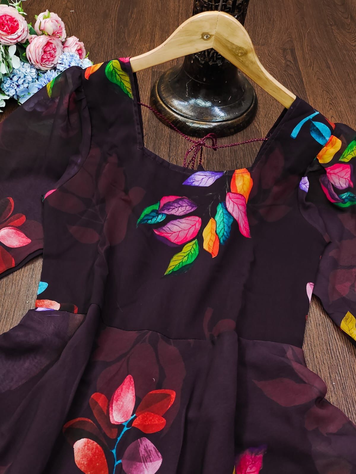 Same Colour Beautiful Designer Kurti - Silk Material, Maxi Length, A-line Fit, Square Neckline, Floral Print, Long Sleeves | Comfortable Fit, Elegant Design, Unique Prints, Versatile Style
