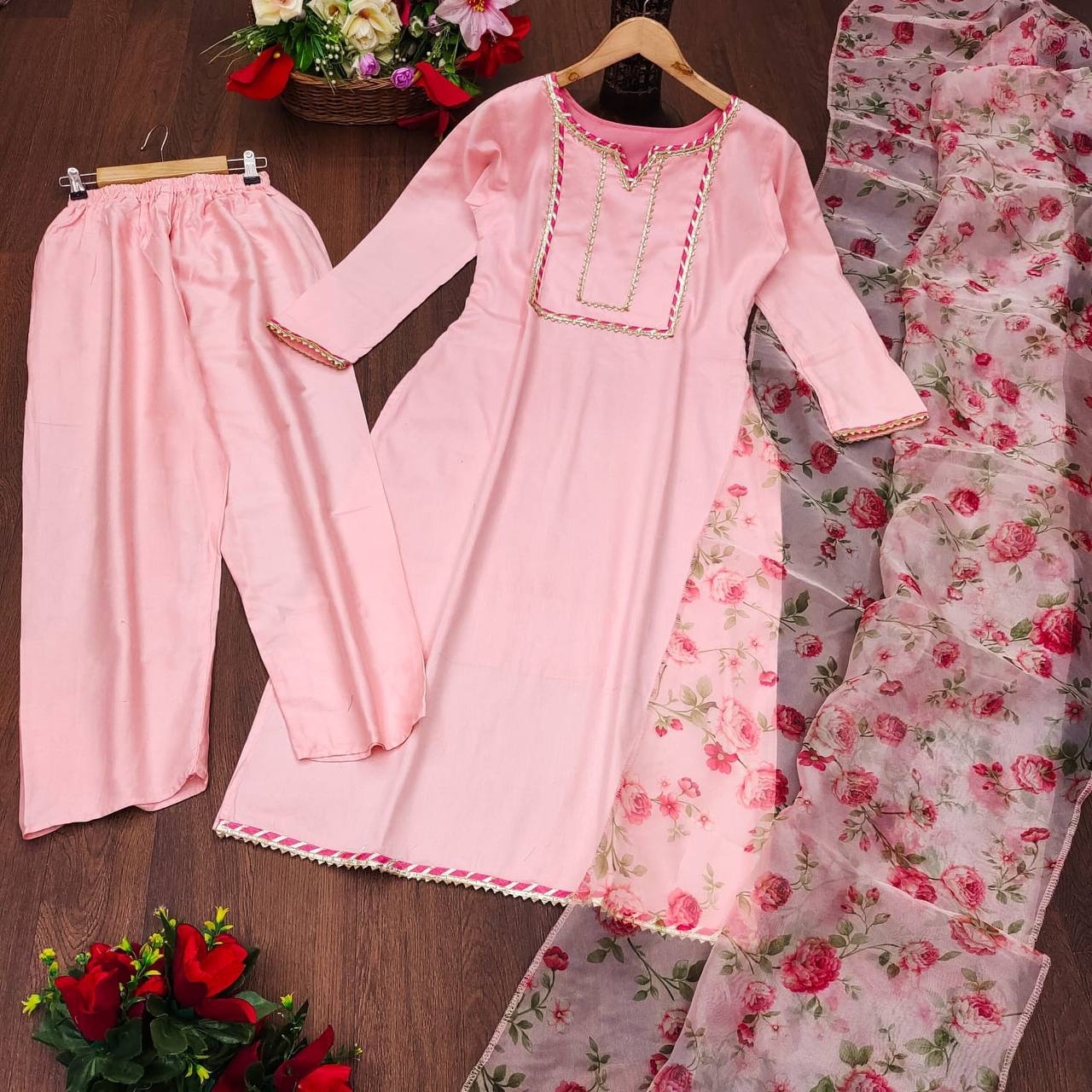 Our Beautiful A Line Kurti Plazzo Set With Organza Dupptta