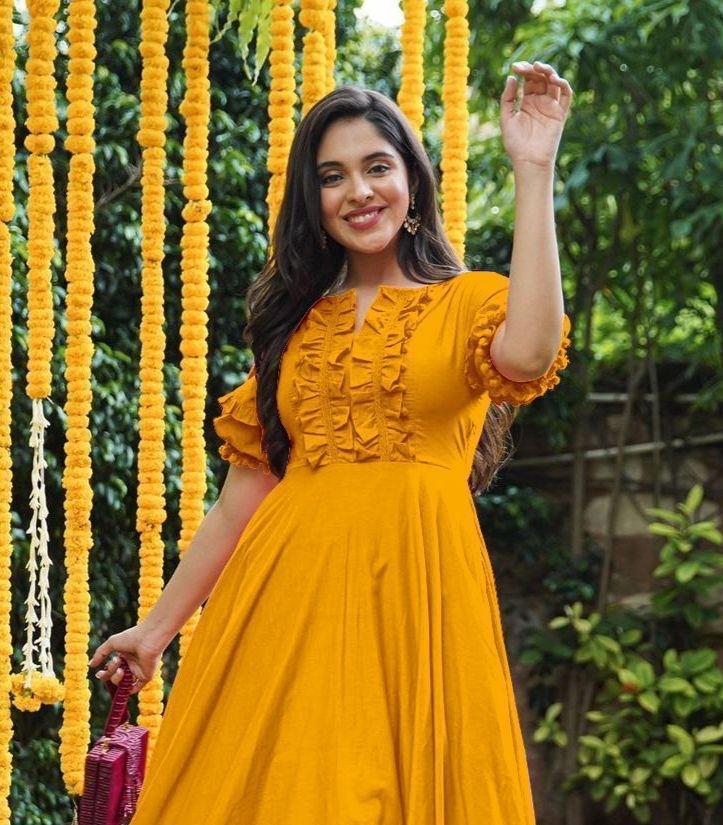 Pink Pari Rayon Kurti - Maxi Length, A-line Fit, Blue Color, Half Sleeves, Round Neckline, Floral Embellishments | Comfortable, Durable, Elegant, Stylish, Versatile