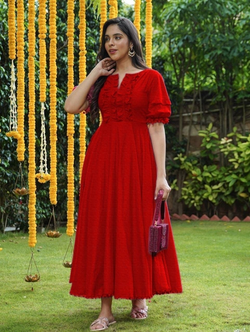 Pink Pari Rayon Kurti - Maxi Length, A-line Fit, Blue Color, Half Sleeves, Round Neckline, Floral Embellishments | Comfortable, Durable, Elegant, Stylish, Versatile