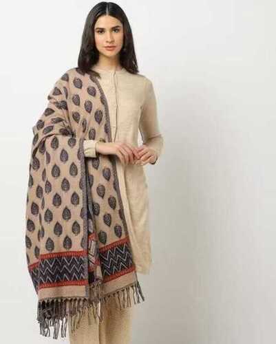 Fancy Shawl - Wool Blend, 70 x 180 cm, Beige Floral Design with Geometric Border & Fringe | Dry Clean Only