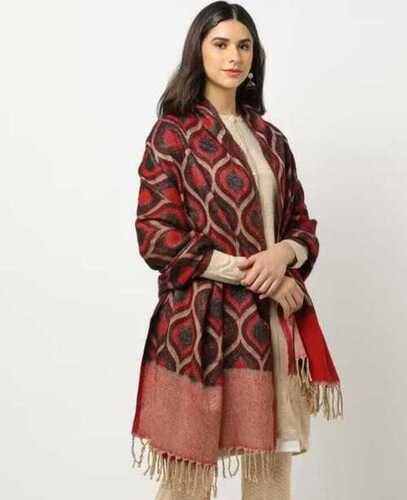 Winter Shawl - Wool, 70 x 180 cm | Red Geometric Pattern with Fringe, Dry Clean Only