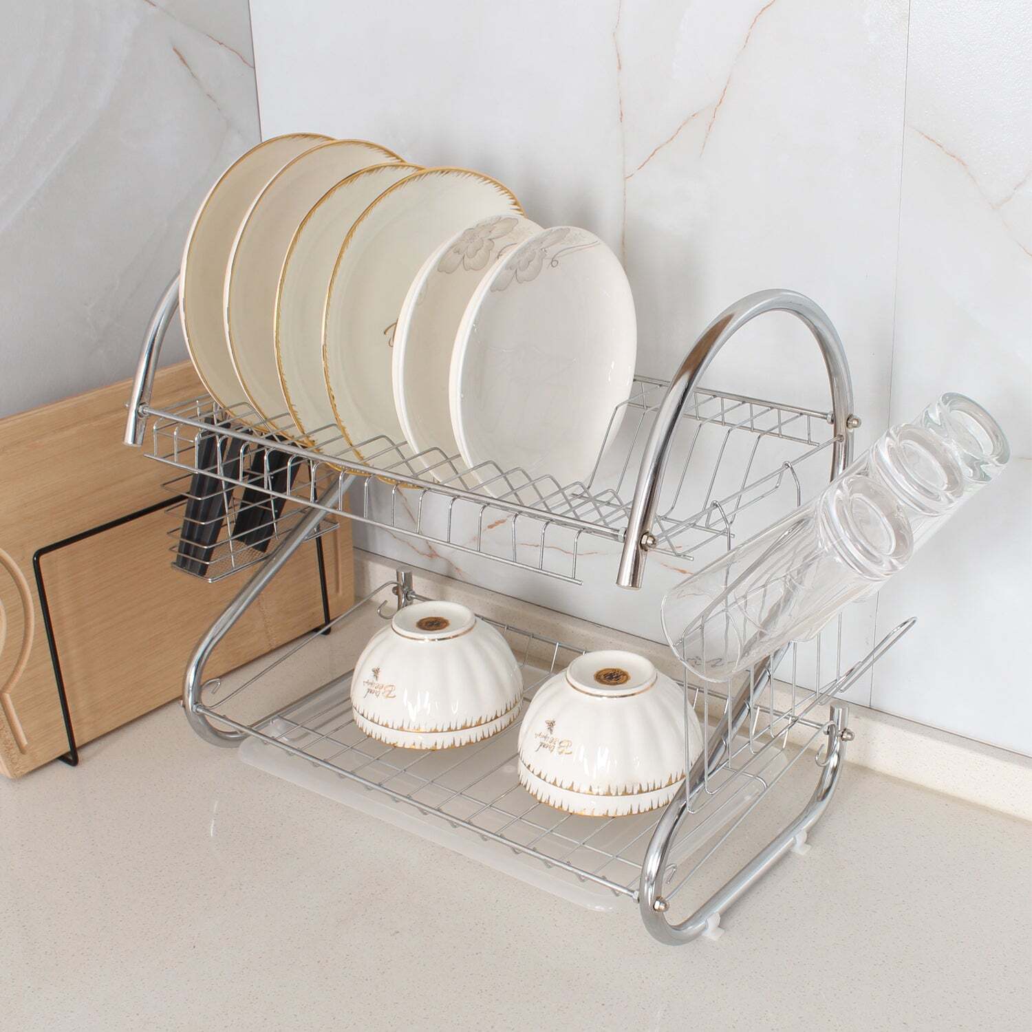 Silver Dish Drainer Two Layer Dish Drying Rack With Drain Board