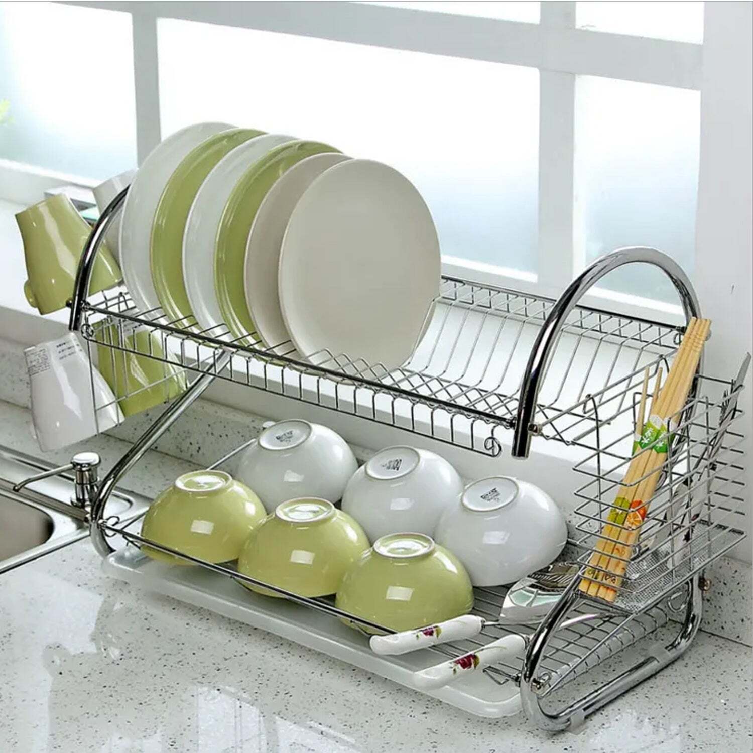 Silver Dish Drainer Two Layer Dish Drying Rack With Drain Board