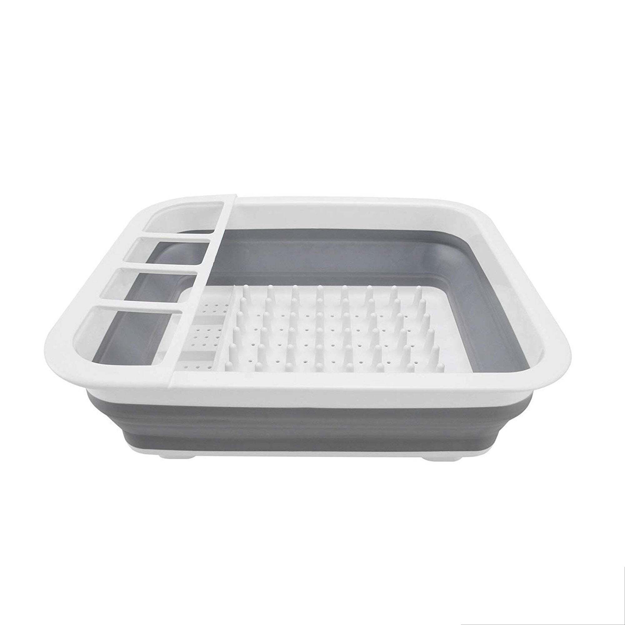 Collapsible Folding Silicone Dish Drying Drainer Rack With Spoon Fork Knife Storage Holder (Brown Box) (0804b) - Silicone Material, 41x4x32 Cm Size, White & Grey Color | Collapsible Design, Multi-functional Kitchen Organizer