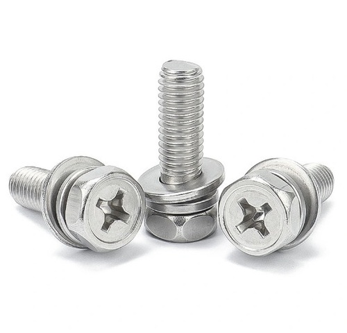Hex Philips Sems Screw - Stainless Steel SS304, M3-M10 Size, Silver Color | Includes Assembled Plain Washer and Spring Washer for Industrial Use