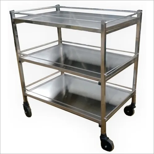 3 Shelve Instrument Trolley - Stainless Steel, 75L x 60W x 100H cm | Four Castor Wheels, Two with Brakes, SS Railings on Shelves